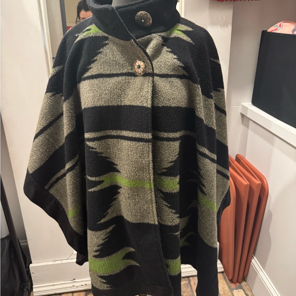 Stylish Black and Green Buttoned Cape turquoise poncho Tasha Polizzi